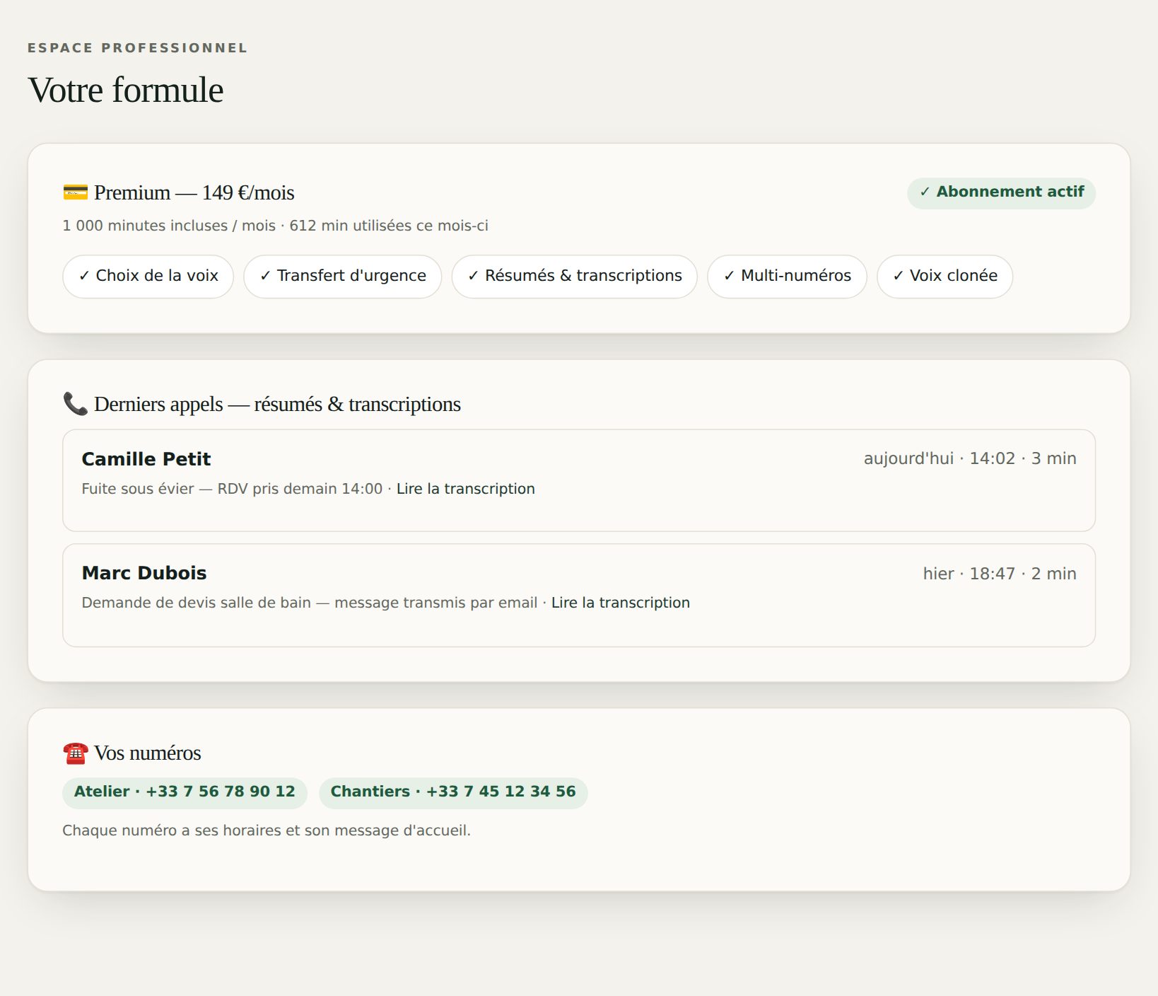 La formule Premium : résumés et transcriptions des appels, multi-numéros, voix clonée